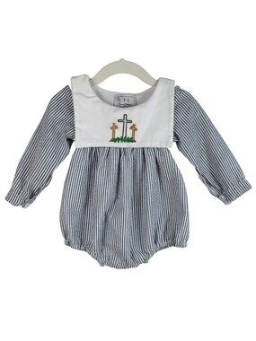 Dapperly Done Baptism Romper Blue White 6-12M Striped Seersucker Long Sleeve